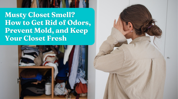 A woman looking stressed in front of her closet.