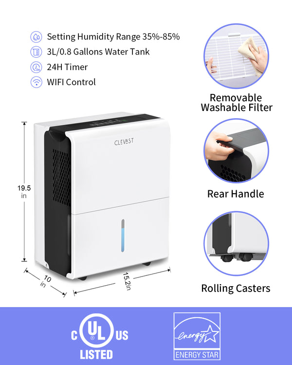 CLEVAST 1,500 Sq. Ft Smart Wi-Fi Energy Star Dehumidifier with App, 22 Pint Dehumidifier with Reusable Air Filter for Bedrooms, Bathrooms, Living Room, Garage and Closet, Works with Alexa, Intelligent Humidity Control