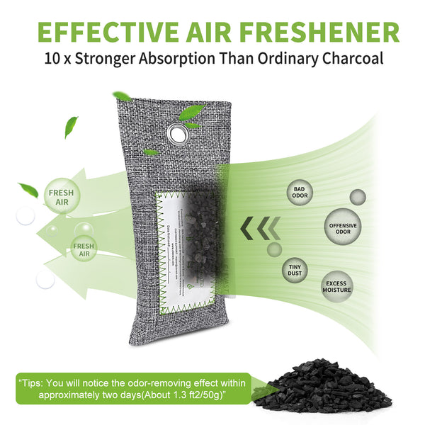6 Pack Bamboo Charcoal Air Purifying Bags(6x60g) Activated Natural Home Odor Absorber, Deodorizer and Moisture Eliminator, Purifier for Shoe, Closet, Car Air freshener, Pet Safe