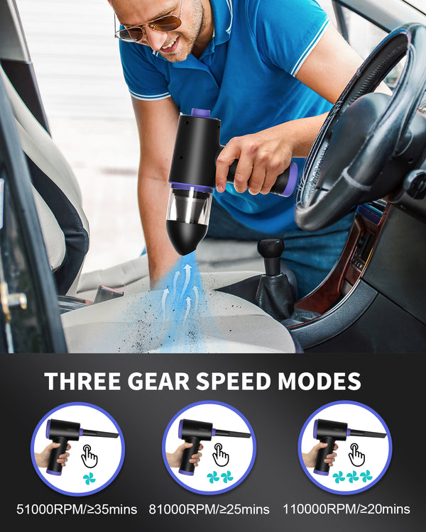 Compressed Air-3 Gear 110000RPM Electric Air Duster, 3 in 1 Versatile Compressed Air Duster-Cordless Dust Blower & Mini Vacuum & Inflating for PC, Computer, Keyboard, Rechargeable Canned Air
