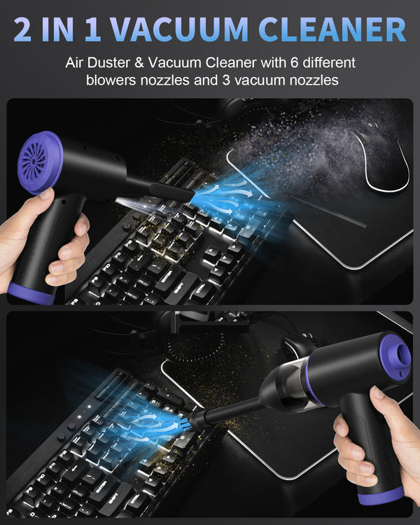 Compressed Air-3 Gear 110000RPM Electric Air Duster, 3 in 1 Versatile Compressed Air Duster-Cordless Dust Blower & Mini Vacuum & Inflating for PC, Computer, Keyboard, Rechargeable Canned Air