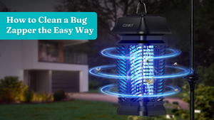 Clevast bug zapper hanging outside a house with mosquitoes attracted to its UV light