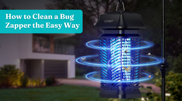 Clevast bug zapper hanging outside a house with mosquitoes attracted to its UV light