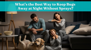 Family in the living room—father and mother on the couch, child sitting on the floor beside their dog—looking uncomfortable while itching from mosquito bites