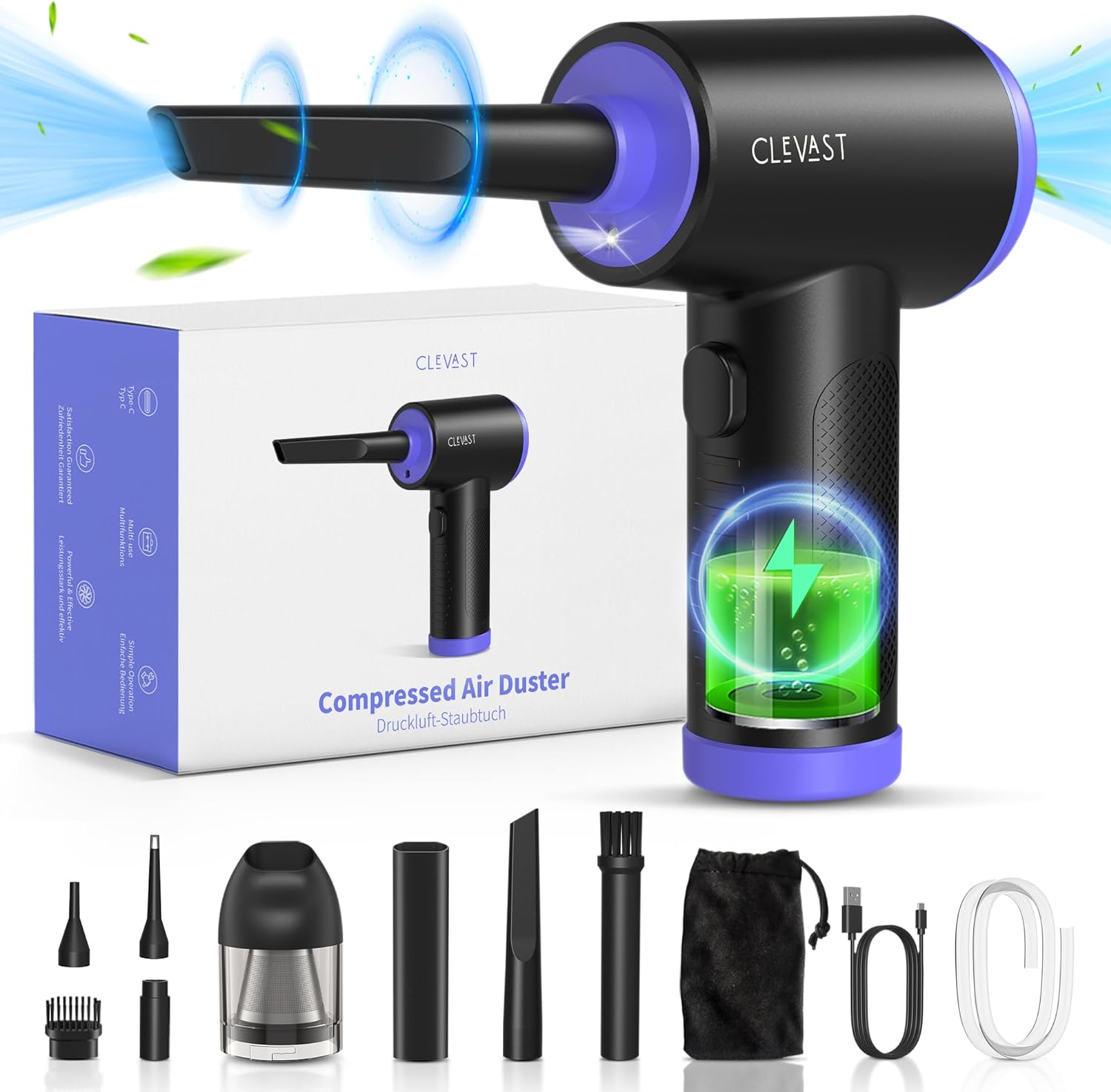 ELenest Electric Air Duster & Vacuum 2-in-1 - 110000 RPM, 12000PA, 3 Speeds, 7800mAh Battery, 15 Attachments For PC, Keyboard, Car Cleaning