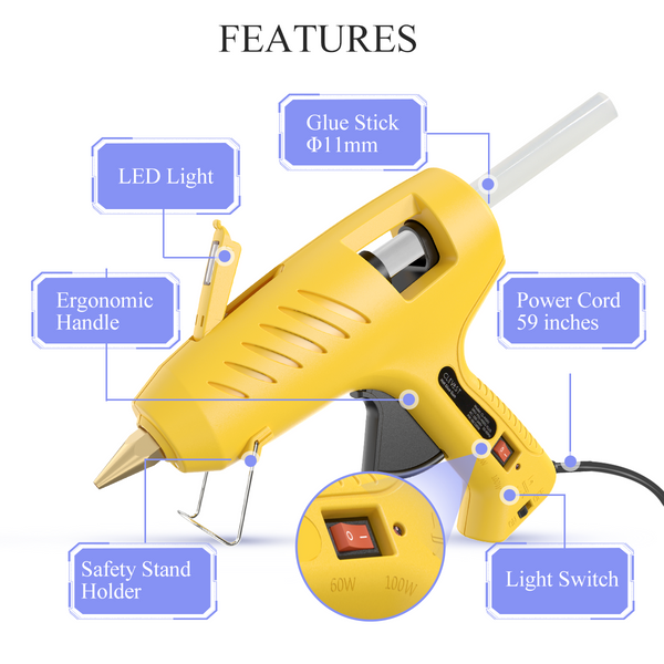 CLEVAST Full Size Hot Glue Gun, with 60/100W Dual Power and 20 Glue Sticks (7/16"), with LED Light Fast Preheating Heavy Duty Industrial Gluegun for DIY Crafting and Repairs, UL Certified