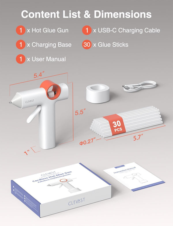 CLEVAST Cordless Hot Glue Gun Kit,5000mAh Rechargeable,40s Fast Heating with 30 Glue Sticks