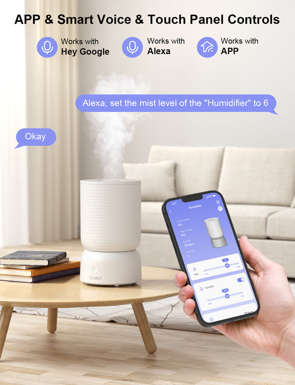 CLEVAST Smart Humidifiers for Bedroom, Top Fill 3L Cool Mist Quiet Ultrasonic Humidifier with Essential Oil Diffuser, Humidity Control, Wi-Fi Air Humidifier for Baby, Home, Work with Alexa