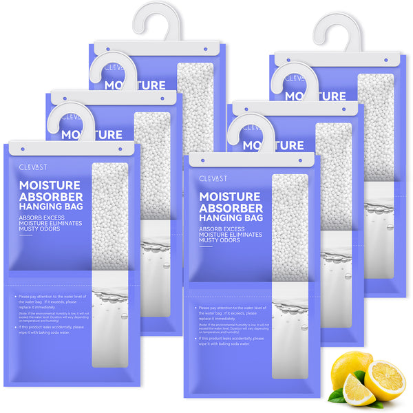 CLEVAST Moisture Absorbers Packets, 15.2 OZ, 6 Pack, Lemon Fragrance Big Dehumidifier Bags for Closet, Hanging Humidity Absorber in Wardrobes, Bedrooms, Bathrooms