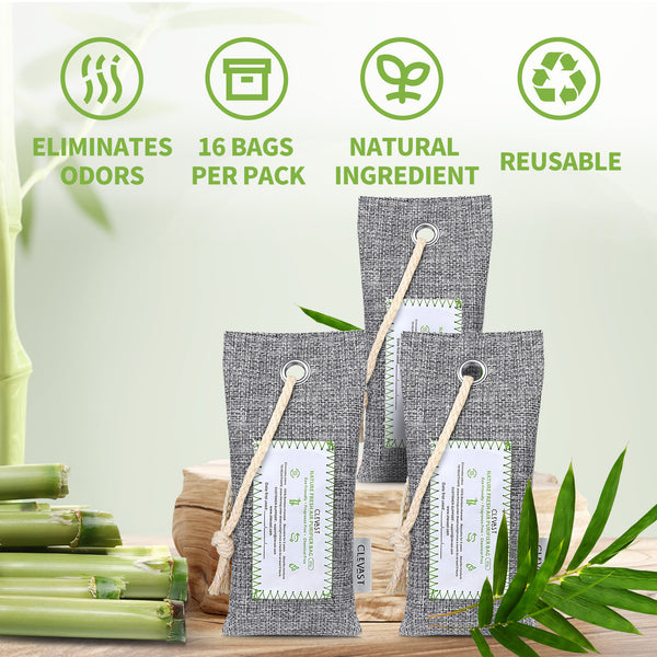 CLEVAST 6 Pack Bamboo Charcoal Air Purifying Bags(6x60g) Activated Natural Home Odor Absorber, Deodorizer and Moisture Eliminator, Purifier for Shoe, Closet, Car Air freshener, Pet Safe