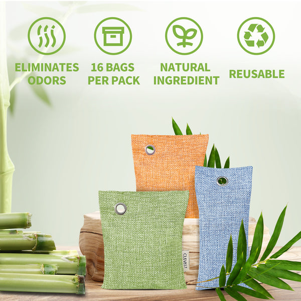 CLEVAST Bamboo Charcoal Air Purifying Bags(8x100g, 8x50g) Activated Natural Home Odor Absorber, Colorful Deodorizer and Moisture Eliminator, Purifier for Closet, Shoe, Large Room, Car, Pet Safe