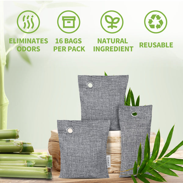16 Pack Bamboo Charcoal Air Purifying Bags(8x100g, 8x50g) Activated Natural Home Odor Absorber, Deodorizer and Moisture Eliminator, Purifier for Closet, Shoe, Large Room, Car Air freshener, Pet Safe