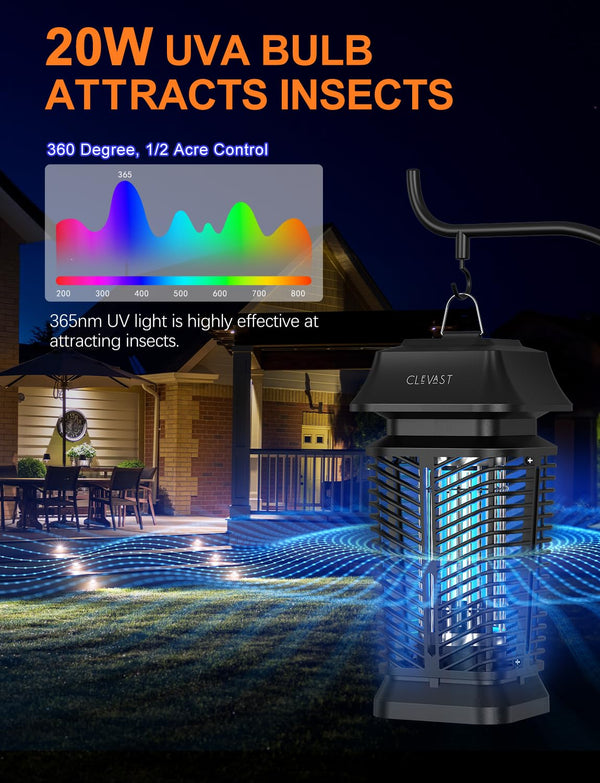 CLEVAST Bug Zapper Outdoor & Indoor, Electric Mosquito Zapper with UV Light, Waterproof Fly Trap Killer for Patio, Yard, Garden