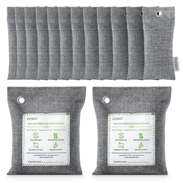 CLEVAST Bamboo Charcoal Air Purifying Bags(2x200g, 12x50g) Activated Natural Home Odor Absorber, Deodorizer and Moisture Eliminator. Purifier for Closet, Shoe, Large Room. Car Air freshener. Pet Safe.