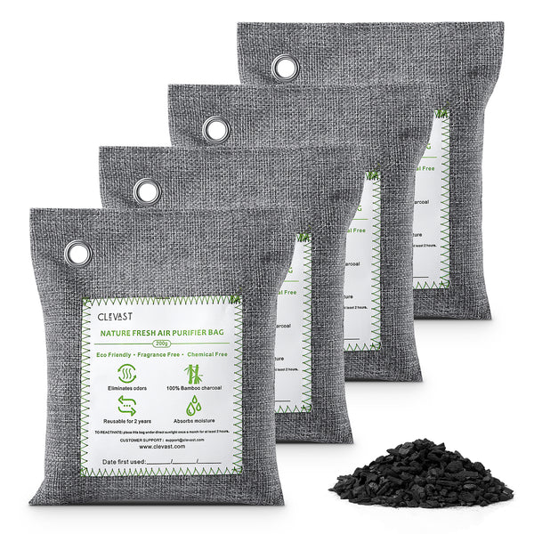 CLEVAST Bamboo Charcoal Air Purifying Bags (Large, 4×200g), Removes Odors and Moisture, Nature Fresh Air Purifier Bags, Odor Eliminator for Home, Car, Pets, Bathroom, Basement