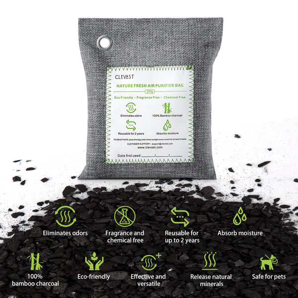 CLEVAST Bamboo Charcoal Air Purifying Bags (Large, 4×200g), Removes Odors and Moisture, Nature Fresh Air Purifier Bags, Odor Eliminator for Home, Car, Pets, Bathroom, Basement